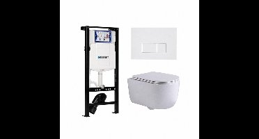 QeramiQ Dely Swirl Toiletset - 36.3x51.7cm - Inbouwreservoir met Geberit UP320 spoelmechanisme - slimzitting - glans witte bedieningsplaat - rechthoekige knoppen - wit mat