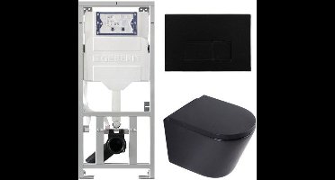 QeramiQ Dely Toiletset - 36.3x51.7cm - diepspoel - rimless - Geberit UP320 inbouwreservoir - softclose toilet zitting 35 mm - metaal mat zwarte bedieningsplaat - rechthoekige knoppen - mat zwart