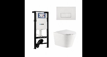 QeramiQ Dely Toiletset - 36.3x51.7cm - diepspoel - rimless - Inbouwreservoir met Geberit UP320 spoelmechanisme - softclose toiletzitting - glans witte bedieningsplaat - rechthoekige knoppen - wit mat