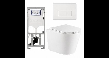 QeramiQ Dely Toiletset - 36.3x51.7cm - diepspoel - rimless - Geberit UP320 inbouwreservoir - met Burda frame - softclose toiletzitting - mat witte bedieningsplaat - rechtehoekige knoppen - wit mat
