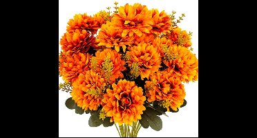 2 Stuks Kunstbloemen Chrysanten Boeket - 18 Bloemhoofden - Zijden Kunstplanten voor Buiten & Binnen - UV-Bestendig - uxe Woondecoratie - Voor Vaas, Balkon & Tafe - 37 cm - Oranje