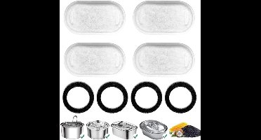 Filters voor drinkfonteinen voor katten, vervangingsfilters voor roestvrijstalen drinkfonteinen voor huisdieren van 3,2 liter/108 oz en 2 liter/67 oz (4 koolstoffilters + 4 sponzen)
