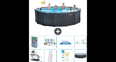 Intex Rond Graphite Gray Panel Zwembad - 478 x 124 cm - Inclusief Pomp - Ladder - Grondzeil - Afdekzeil - Onderhoudspakket - Schoonmaakset - 9-delig