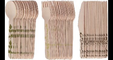 Esschert Design bestek set - hout - 180x - mes/lepel/vork - kruidenopdruk - BBQ/verjaardag/camping