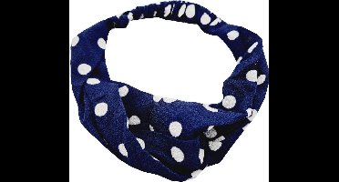 Haarsoires Haarband Twist 5cm – Stippenprint – Gladde Stof – Wit Donkerblauw - Zachte Knoop Hoofdband - Haaraccessoire voor Dames & Meisjes