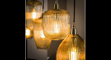 Hanglamp van 6 Lampen met Gestreept Glas Verticaal Eetkamer - Stripe Glass - Amberkleurig Glas - Woonkamer - Eettafel - Slaapkamer - Sfeer Verlichting - In Hoogte Verstelbaar tot 150 cm - Exclusief Lichtbron