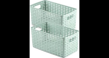 6x stuks rotan gevlochten opbergmand/opbergbox kunststof - Mintgroen - 15 x 28 x 13 cm - Kast mandjes