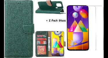 Hoesje Geschikt Voor Samsung Galaxy M31S Boek Hoesje / Wallet cover - Groen Met 2X glas Screenprotector