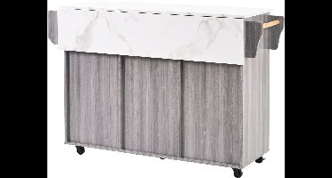 N Design Collection - Multifunctionele Keukenwagen/Opbergkast 139 cm - Wit Marmer Look Werkblad - Klapbaar & Grote Opbergruimte - Met Rollen + Vaste Poten