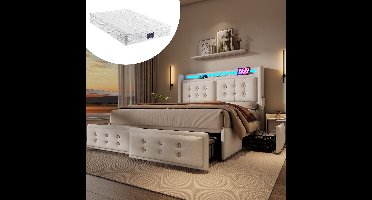 Matrasbed 140x200 - 7 comfortzones met 620 veren - LED-hoofdbord met USB-C - 4 opbergladen - Hout en metaal frame - 300 kg draagvermogen - Optimal ventilatie voor huisstofmijtallergie