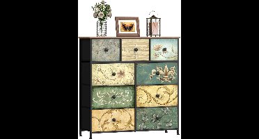 TRANKIELO® - Industrieel stoffen commodekast met 9 laden – Metalen frame, houten blad, veelzijdig voor woonkamer en kinderkamer