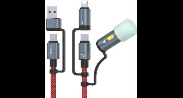 100W 5A Multi USB-C Oplaadkabel met LED-licht voor Camping - 5-in-1 Snellaadkabel voor Telefoons, Tablets en Laptops - Rood, 1,2 m