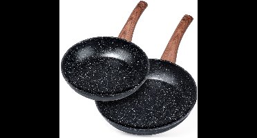Vilde Black&Wood Serie - Granieten Koekenpannenset - 20/24 cm - Antiaanbaklaag - Hittebestendige Handgreep