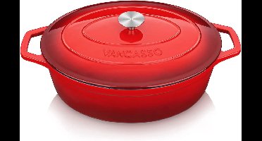 Vancasso Gietijzeren pan, brood, ovaal met deksel, 8 liter, Ø 37 cm, anti-aanbak, emaille pan, inductie, stoofpan, grote gietijzeren braadpan voor gasfornuis, keramische kookplaat, inductie/oven, rood