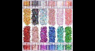 XUBX 12 Dozen Gezicht Glitter, Chunky Glitters Mix Color Glitterpoeder, Sequin Glitter Iriserende vlokken, Kleurrijke Gemengde pailletten Make-Up Lichaam Haar Nail Art Decoratie 10 ml