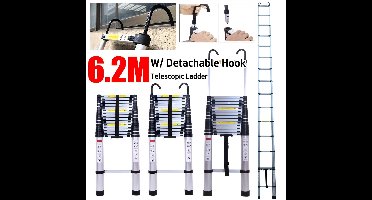 Telescopische Ladder – Telescoopladder – Uitschuifladder – Vouwladder – Opvouwbare Ladder – 6,2 Meter Max Hoogte – Aluminium Met Afneembare Haakjes