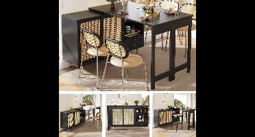 Re-purelife® Zwarte Uitschuifbare Bar / Sideboard - 360° Draaibaar Blad met Rieten Deuren - Keukenkast & Bartafel - Opbergmeubel - Robuuste constructie & Multifunctioneel - 107-187 * 40*76 cm