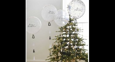 Daily Style – Witte confetti ballonnen merry christmas + ballonstaartje ginger ray (5st) – (5st) – 5 stuks