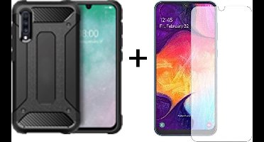 Ntech Hoesje Geschikt Voor Samsung Galaxy A50 hoesje - Met Screenprotector Rugged Armor Hoesje - Shockproof case - Zwart