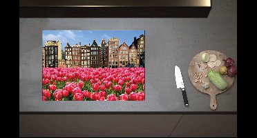 Inductieplaat Beschermer - Roze Tulpenveld voor Rij Grachtenpanden in Amsterdam, Nederland - 70x52 cm - 2 mm Dik - Inductie Beschermer van Vinyl