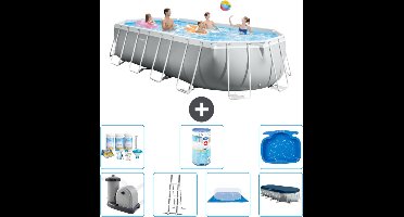 Intex Ovaal Prism Frame Zwembad - 610 x 305 x 122 cm - Grijs - Inclusief Pomp - Ladder - Grondzeil - Afdekzeil Onderhoudspakket - Filter - Voetenbad