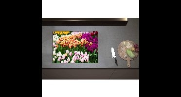 Inductieplaat Beschermer - Bloemenveld met Oranje, Roze en Paarse Tulpen - 70x50 cm - 2 mm Dik - Inductie Beschermer - Bescherming Inductiekookplaat - Kookplaat Beschermer van Zwart Vinyl