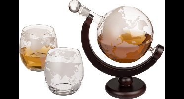 Out of the Blue Whiskey karaf cadeau set - met 2 glazen - decanteer kan - glas - 850 ml - wereldbol