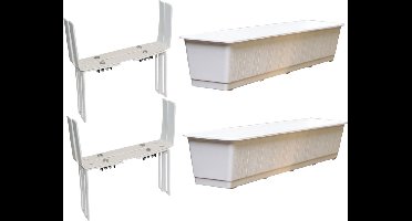 Set van 2 kunststof plantenbakken wit rechthoekig 80 cm met 4 verstelbare balkon/muurbeugels