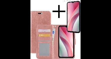 Hoesje - Met Screenprotector - Geschikt voor Samsung Galaxy A15 - Luxe Pasjeshouder - Bookcase Portemonee - Flip Case - Kunstleer Book Case - Flipcase - Book Cover - Walletcase - Portemonneehoes - Rosé goud