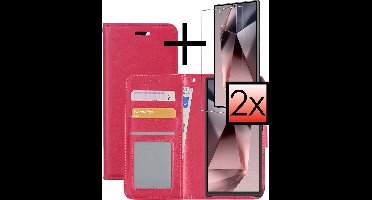 Hoesje - Met 2x Screenprotector - Geschikt voor Samsung Galaxy S24 Ultra - Luxe Pasjeshouder - Bookcase Portemonee - Flip Case - Kunstleer Book Case - Flipcase Hoes - Book Cover - Walletcase - Portemonneehoes - Donkerroze