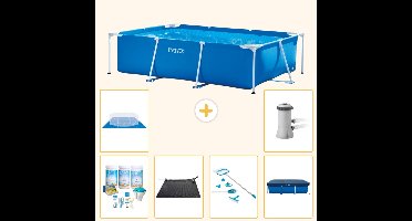 Intex Rechthoekig Frame Zwembad - 300 x 200 x 75 cm - Blauw - Inclusief Onderhoudspakket - Solar Mat - Schoonmaakset - Afdekzeil - Grondzeil - Zwembadfilterpomp - 7-delig