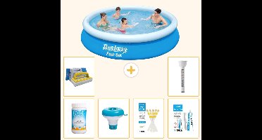 Bestway Rond Opblaasbaar Fast Set Zwembad - 366 x 76 cm - Blauw - Inclusief Chloor - Chloordrijver - Testrips - Reparatiesetje - Scrubborstel - Thermometer - 7-delig
