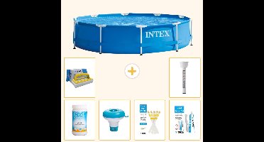 Intex Rond Frame Zwembad - 305 x 76 cm - Blauw - Inclusief Chloor - Chloordrijver - Testrips - Reparatiesetje - Scrubborstel - Thermometer - 7-delig