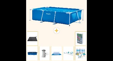 Intex Rechthoekig Frame Zwembad - 300 x 200 x 75 cm - Blauw - Inclusief Afdekzeil - Zwembadfilterpomp - Grondzeil - Schoonmaakset - Solar Mat - Onderhoudspakket - Zwembadgids - 8-delig