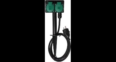 Perel Stekkerdoos voor buiten, aardspies, 2 stopcontacten met penaarde (type E), 2 klapdeksel, kabel 1.5 m, 3G1.5, IP44, zwart/groen