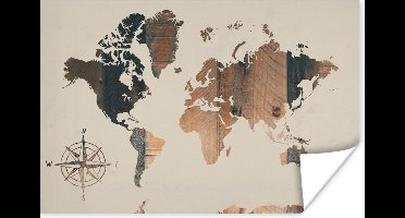 Poster Wereldkaart - Houten Plank - Windroos - 30x20 cm