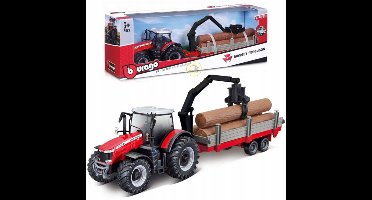 Bburago Massey Ferguson Traktor met Houtaanhanger - Metaal