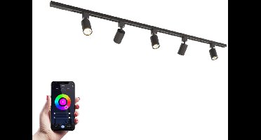 HOFTRONIC railverlichting pakket recht – 1,5 meter rail – 5 RGBWW GU10 railspots – dimbaar via app – aluminium zwart – IP20 – modulair – 230V – led railverlichting woonkamer keuken