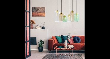 Marco Green Hanglamp - 6xE27 - Mix Kleuren Glas - Zwart/Goud