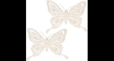 Kerstboomversiering Vlinder - 2x - 14 cm - wit glitter - op clip - ornament