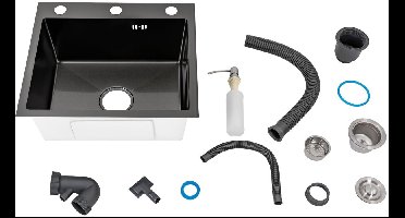 Keukenspoelbak – Spoelbak – Keukensink – Wasbak – Vaatwasbak – Zwart RVS – Royale Binnenmaat 46x35,5 cm – Opbouw Onderbouw Vlakbouw – Met Zeepdispenser en Compleet Accessoiresset