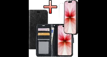 Hoesje - Met Screenprotector - Geschikt voor Apple iPhone 17 - Luxe Pasjeshouder - Bookcase Portemonee - Flip Case - Kunstleer Book Case - Flipcase - Book Cover - Walletcase - Portemonneehoes - Zwart