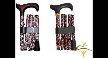 Finna wandelstok plooi- en verstelbaar houten of metacryl handvat : zwart met rozen, aluminium