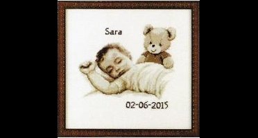Pako Borduurpakket Geboorte - tel patroon met codekaart - Baby met beertje, geboortetegel sepia - 225.283 - voorgesorteerd garen - Aida - 22 x 20 cm - DIY kit