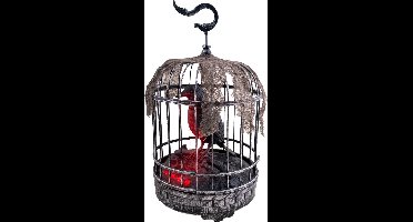 Halloween Decoratie pratende Kraai in kooi licht geluid en beweging 32 cm