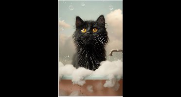 Poster 20x30 cm - Kat - Bad - Zwart - Dieren - Schuim - Posters - Wanddecoratie badkamer - Muurdecoratie WC - Decoratieve accessoires - Toilet muur decoratie