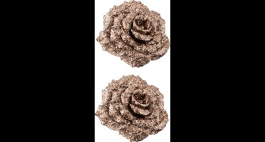Decoratie bloemen roos - champagne - glitter - 6x stuks - op clip - 18 cm - Decoratiebloemen - kerstboomversiering - kerstversiering
