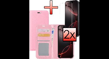 Hoesje - Met 2x Screenprotector - Geschikt voor Apple iPhone 16 Pro - Luxe Pasjeshouder - Bookcase Portemonee - Flip Case - Kunstleer Book Case - Flipcase Hoes - Book Cover - Walletcase - Portemonneehoes - Lichtroze