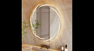 Spiegel - Badkamerspiegel - Make-upspiegel - Ronde Spiegel - met Verlichting - Wervelwind Patroon - Dimbaar - met 3 Kleuren - Anti-condens Geheugen - 4080 lm - 50/60Hz - IP44 - 20W - 80 x 80 cm