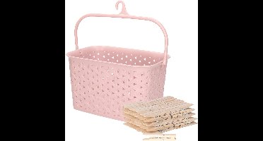 Sorbo Wasknijpers met 72x houten wasknijpers - In kunststof mandje - roze - met ophang haak - was ophangen